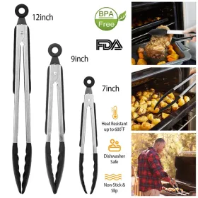 3-Pc. Silicone Kitchen Tongs Set, 7-In., 9-In. & 12-In., Black