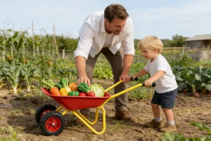 Children's Metal Wheelbarrow, 2-Wheel Design, 33-Lb. Capacity, Red & Yellow