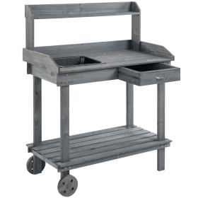Wood Garden Potting Bench with Wheels, Removable Sink & Storage, Gray