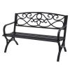 Steel Outdoor Garden Bench with Decorative Cast Iron Scroll Back, Black