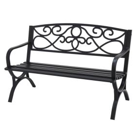 Steel Outdoor Garden Bench with Decorative Cast Iron Scroll Back, Black