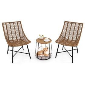 3-Piece Outdoor Rattan Bistro Set with Pet House Side Table, Light Brown