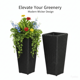 Set of 2 Rattan Planters with Removable Inner Pots, Metal Frame, Black