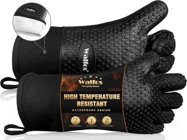 Heat-Resistant Silicone BBQ Grilling Gloves with Cotton Lining, Black