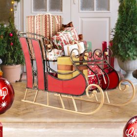 3 FT Christmas Metal Sleigh Decoration, Santa Sleigh with 2-Tier Shelves