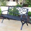 Steel Outdoor Garden Bench with Decorative Cast Iron Scroll Back, Black