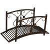 3.3ft Metal Zen Garden Bridge, Decorative Arch with Floral Scrollwork Side Rails, Brown