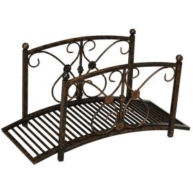 3.3ft Metal Zen Garden Bridge, Decorative Arch with Floral Scrollwork Side Rails, Brown