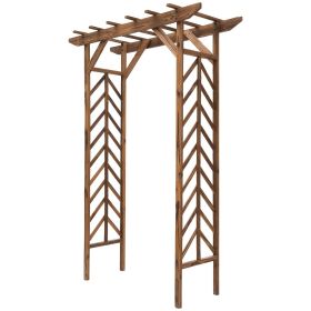 6.6 Ft. Fir Wood Garden Arbor Arch Trellis, Pergola Style Roof, Stained Wood