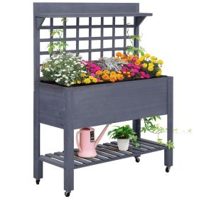 Raised Garden Bed Kit with Wheels, Trellis & Storage Shelves, Wooden Planter Box – Gray