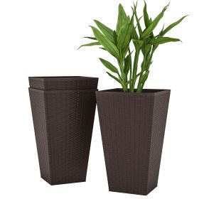 24" Tall Rattan-Style Plastic Planters, Set of 3, Brown