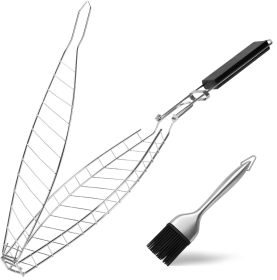 Stainless Steel Fish Grill Basket with Removable Wooden Handle & Basting Brush