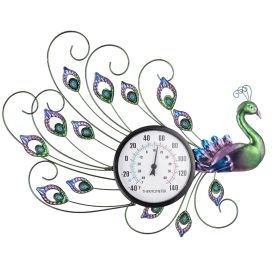 Outdoor Wall Thermometer with Humidity Gauge, Decorative Peacock, Purple