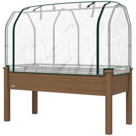 Raised Garden Bed with PE Greenhouse Cover, Elevated Wooden Planter, Brown