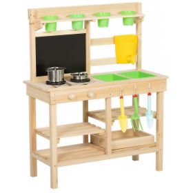 Outdoor Kids Wooden Planting Bench & Kitchen with Garden Tools, Natural