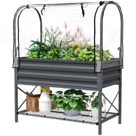 Raised Garden Bed with Greenhouse Cover & Shelf, 41.75 x 21.25 x 53.25 in. Elevated Metal Planter, Dark Gray