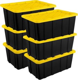 6-Pack 27-Gallon Plastic Storage Totes, Large Storage Bins with Snap-On Yellow Lids, Black