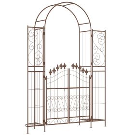 7.3 ft Metal Garden Arbor with Gate, Fleur-de-Lis Motif and Plant Shelves, Brown