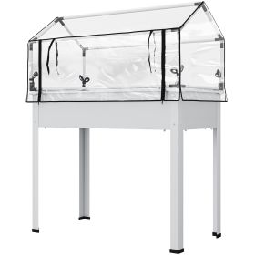 Elevated Raised Garden Bed with Greenhouse Cover, Metal Planter Box with Legs, Drainage Hole & Roll-Up Door for Vegetables, Herbs & Flowers – White