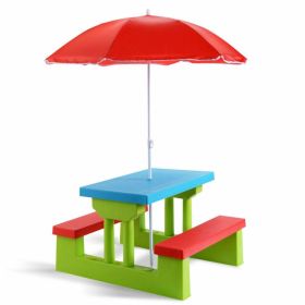 Kids Outdoor Picnic Table Set with Foldable UV Protection Umbrella, Green