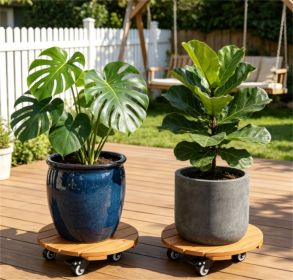 2-Pack Natural Acacia Wood Plant Caddy, 12 in Round Rolling Plant Stand