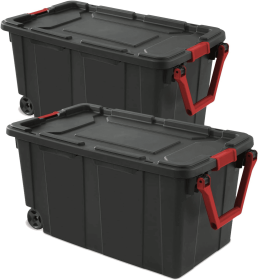 2 Pack, 40 Gallon Wheeled Plastic Storage Tote with Latching Lid and Pull Handle, Black