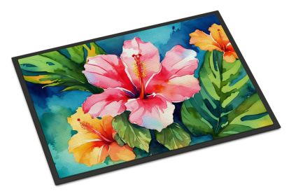 Hawaiian Hibiscus in Watercolor Doormat, Indoor Outdoor Non-Slip Mat, 24" x 36"