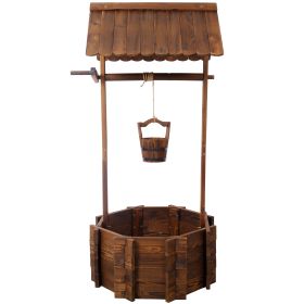 Rustic Wooden Wishing Well Planter with Hanging Bucket, Solid Fir Wood, Brown