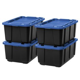 4-Pack 27-Gallon Plastic Storage Totes, Large Storage Bins with Latching Blue Lids, Black