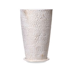 Set of 2 Tall Outdoor Planters, 21", with water trays, Round Stone Inspired Finish, Beige