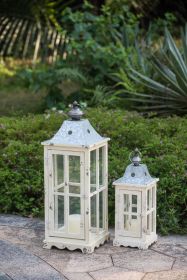 Set of 2 Wooden Candle Lanterns, Whitewashed Wood & Glass, Indoor Outdoor Home, Garden, Wedding