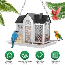 Metal Hanging Bird Feeder House, Classic Barn-Style Iron Bird Feeder with Seed Window (Color: White)