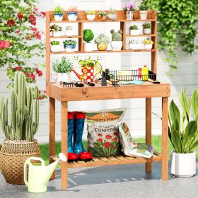 60-In. Wood Garden Potting Bench with Flip-Up Top & Hutch Storage, Natural/Brown (Color: Brown)
