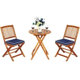 3-Piece Folding Acacia Wood Bistro Set, Table & 2 Chairs with Cushions (Color: Navy)