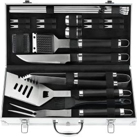 22-Piece BBQ Grill Accessories Set, Stainless Steel Tools with Aluminum Carrying Case (Color: Black)