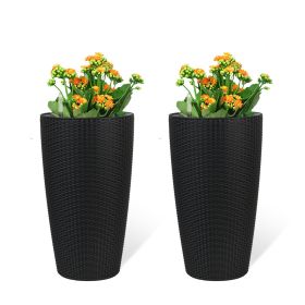 Set of 2 Faux Rattan Tall Planters, Self-Watering with Water Level Monitor (Color: as Pic)